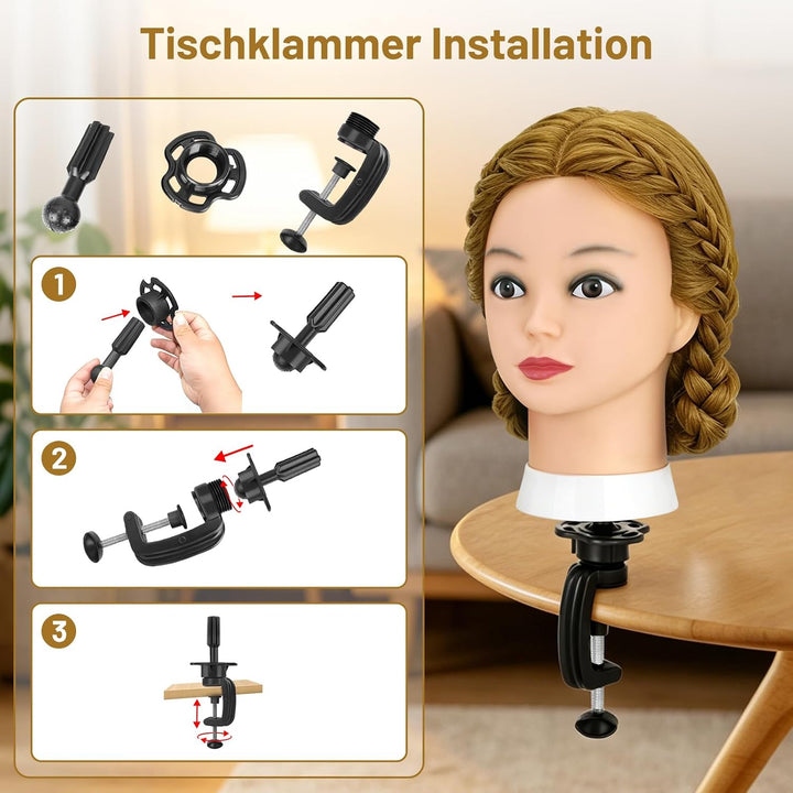 TwoWin Friseurkopf mit Haaren, 26 Zoll (66 cm) 80% Echthaar Mannequin Kopf, Trainingskopf für Stylin