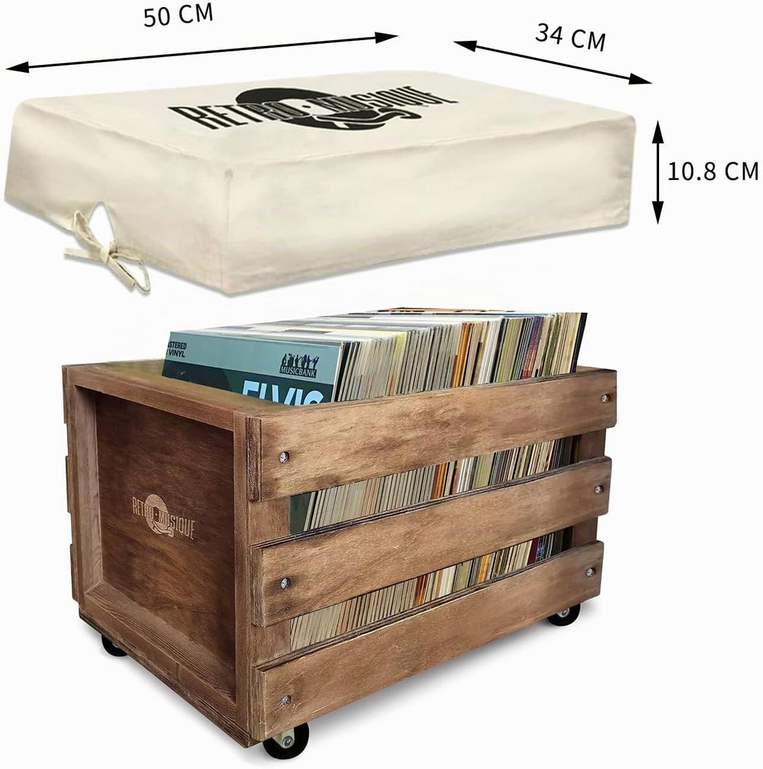 Retro Musique Aufbewahrungsbox aus Holz für bis zu 100 Alben (in PVC-Hüllen) mit Sackleinen-Stoffbez
