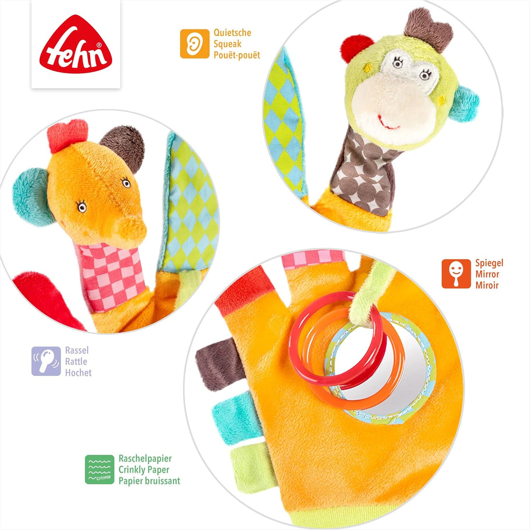Fehn Spielhandschuh Safari – Fingerpuppen Baby Spielzeug Affe und Elefant zum Greifen und Geräusche