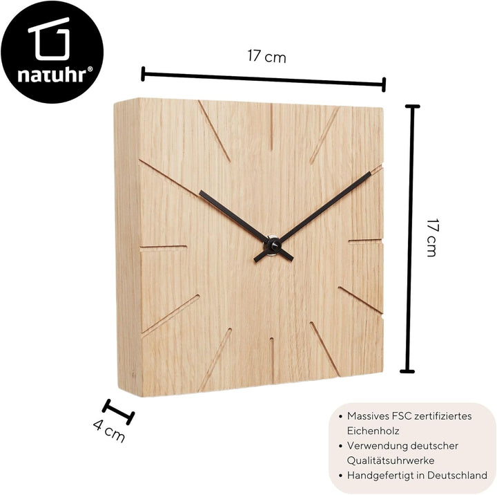 Natuhr Holzuhr Wanduhr Tischuhr Holz - Beam - geräuscharm Massivholz modern Design 17 x 17 cm (Eiche