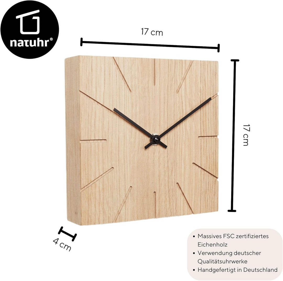 Natuhr Funkuhr Wanduhr Tischuhr Holz - Beam - geräuscharm Massivholz modern Design 17 x 17 cm (Eiche