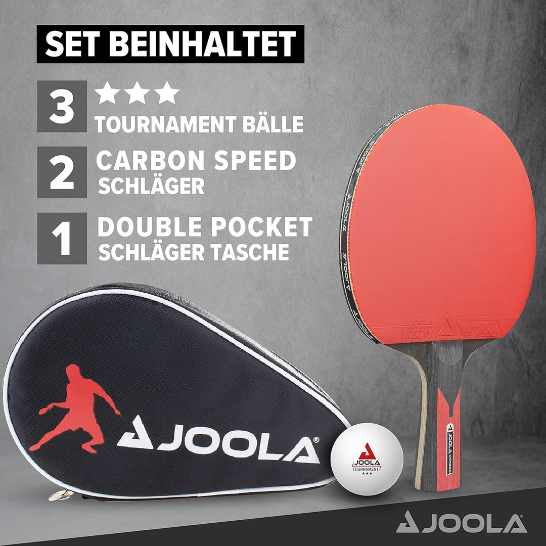 JOOLA Tischtennis Set Duo Carbon 2 Tischtennisschläger + 3 Tischtennisbälle + Tischtennishülle, rot/