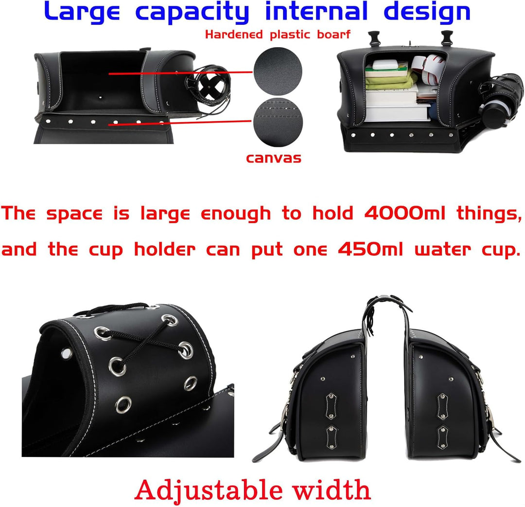 QJBOMTO Hochdichtes Leder-Motorrad-Saddebags,Gepäckträger,Seitentaschen mit Getränkehalter, Harley S