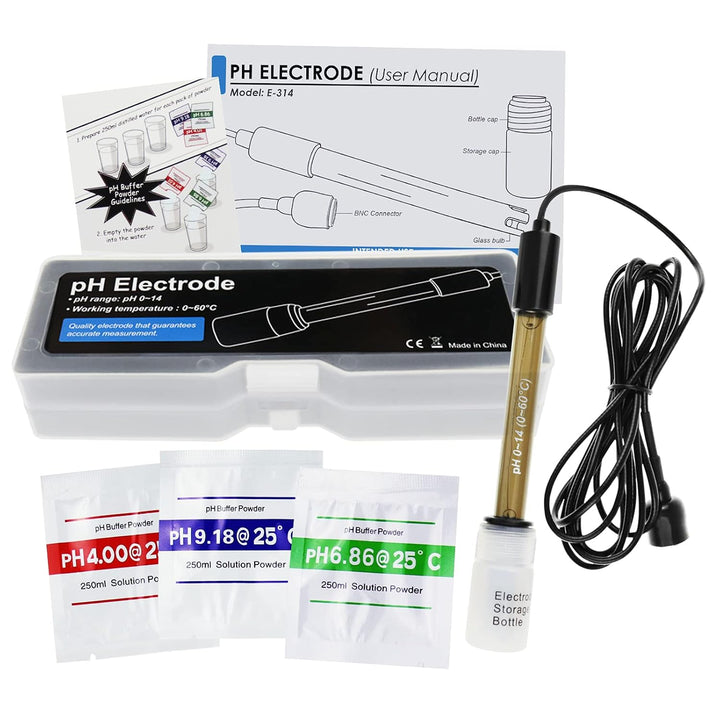 Ersatz pH-Elektrode mit Kalibrierpulver, 0-14 pH, sehr präzise, Sonde mit BNC-Anschluss & 200 cm Kab
