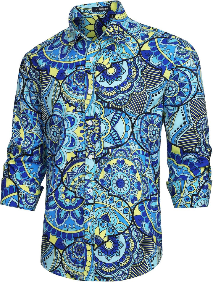 HISDERN Herren Paisley Hemd Langarm Satin Blumen Muster Hemd für Männer Jacquard Stickerei Freizeith