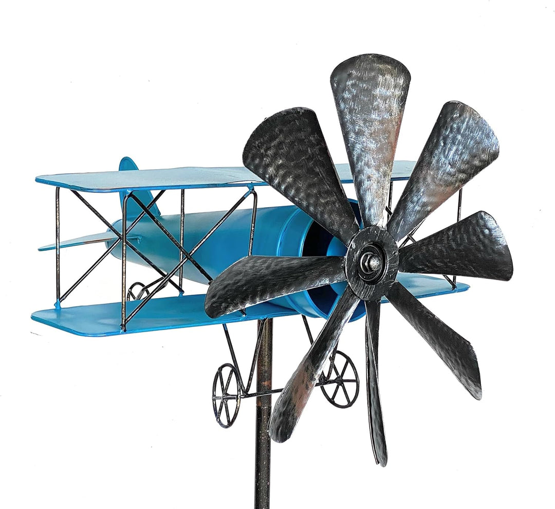 DanDiBo Gartenstecker Metall Flugzeug XL 160 cm Doppeldecker Blau 96099 Windspiel Windrad Wetterfest