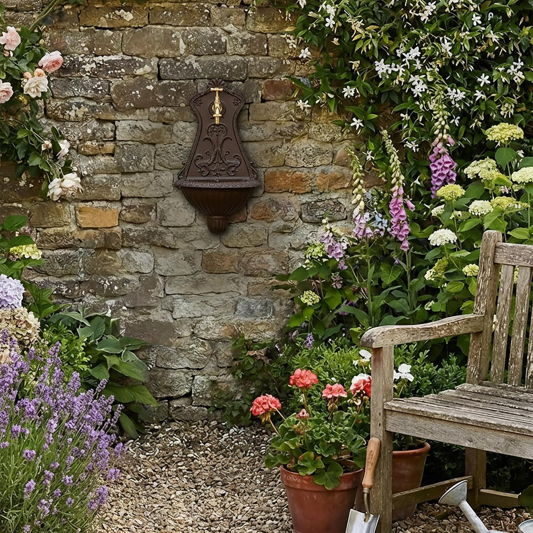 Relaxdays Wandbrunnen, nostalgischer Gartenbrunnen, Waschbecken & Wasserhahn, HBT: 42 x 24,5 x 11,5