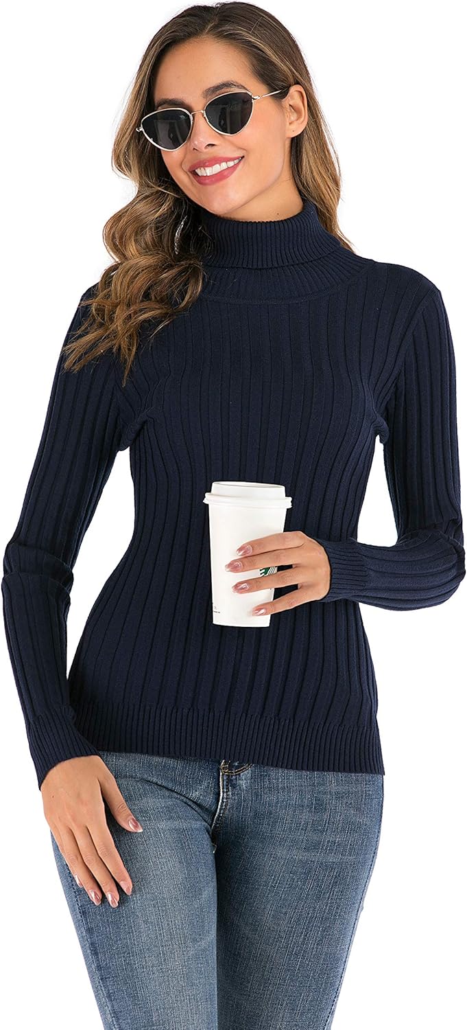 Enjoyoself Damen Strickpullover Gerippter Rollkragenpullover Feinstrick Elegant Langarm Strickpulli