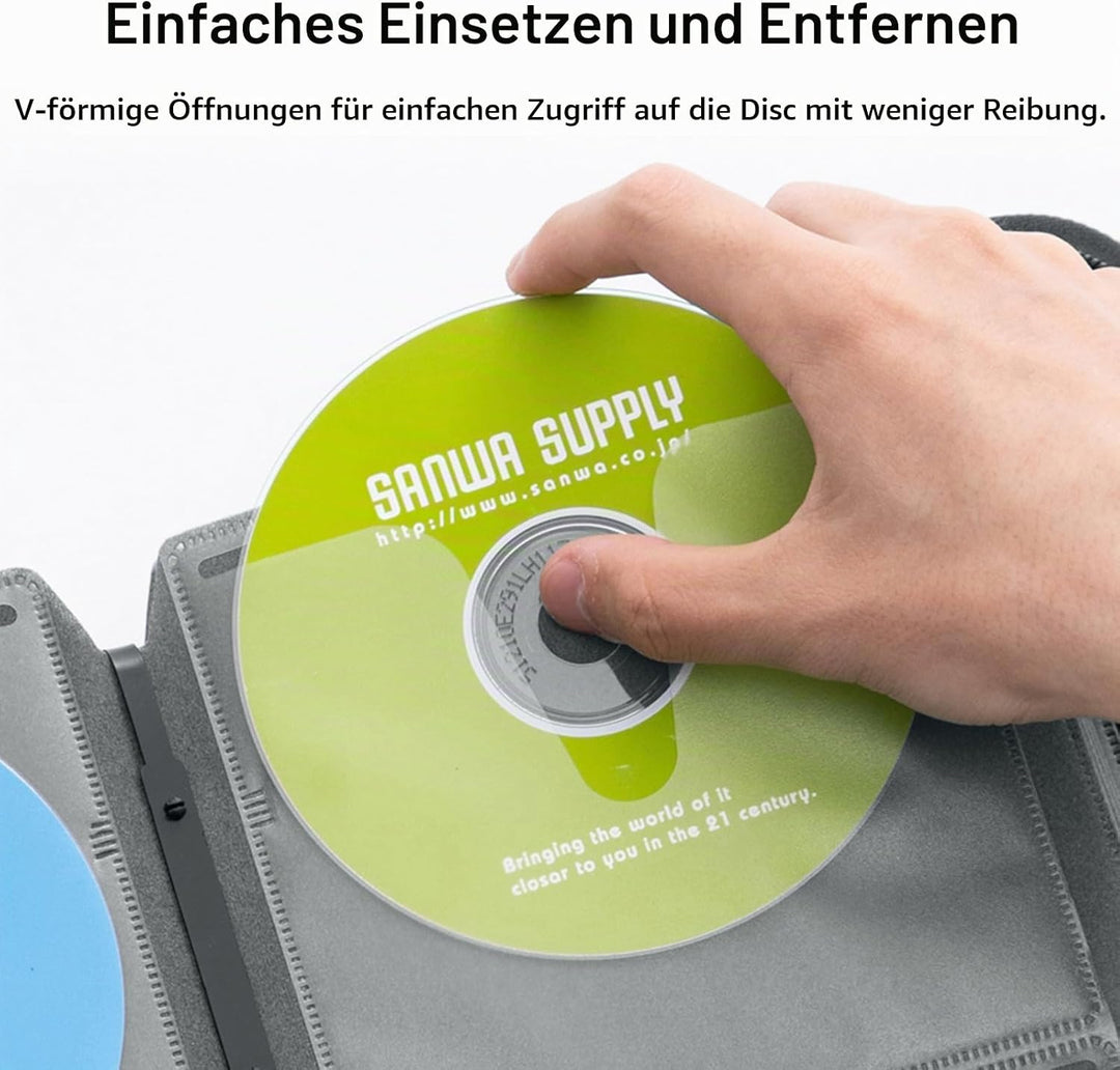 SANWA CD Tasche 104 Kapazität, Tragbare CD/DVD/Blu-ray Aufbewahrung mit Reissverschluss und Griff, H