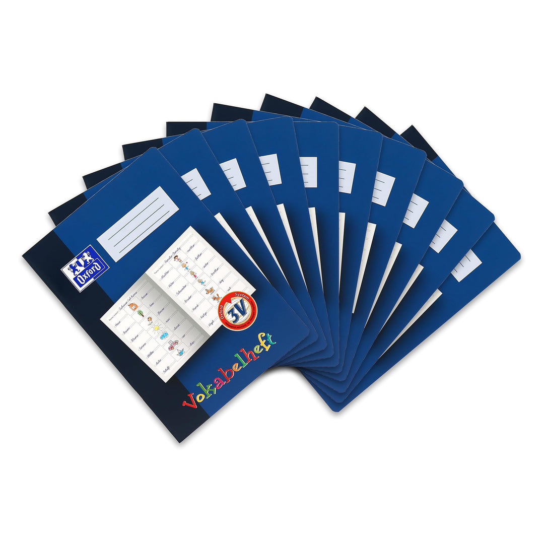 Oxford Vokabelheft, A4, Lineatur 3V (3.Klasse), 16 Blatt, blau, 10 Stück, Lineatur 3V