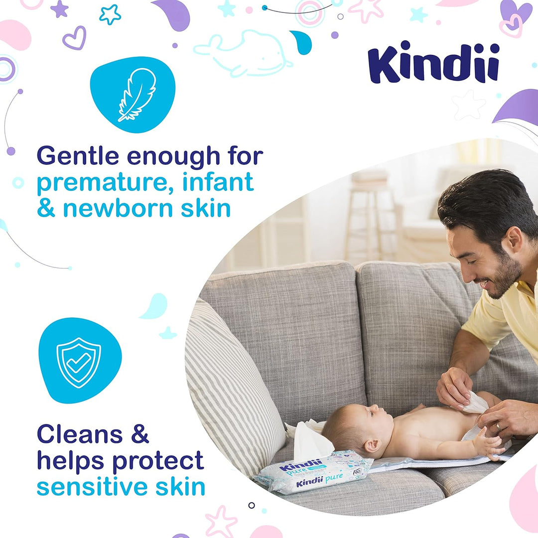 Kindii Feuchttücher Pure Water 99% – (12x60 Stück) Feuchttücher für Babys und Kinder – unparfümiert,