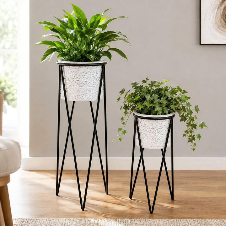 DanDiBo Blumenhocker mit Topf Metall Schwarz Weiss 2er Set Blumenständer 96043 Blumensäule Modern Pf