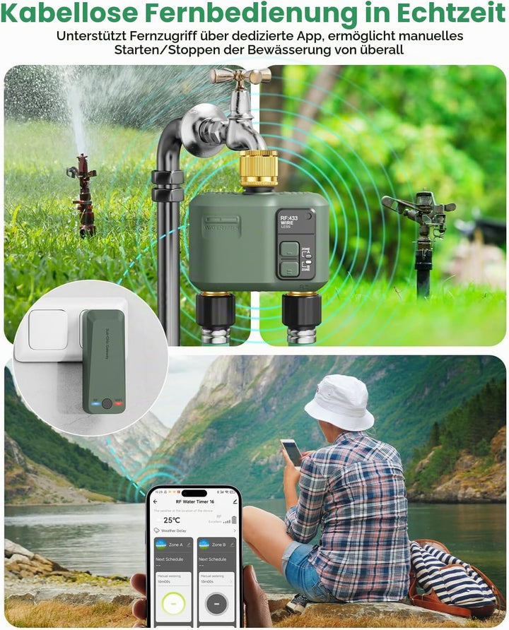 Smart Bewässerungscomputer WLAN 2 Zonen Ausgängen mit Messing Einlass &amp; Auslass, Regenverzögerung/Au
