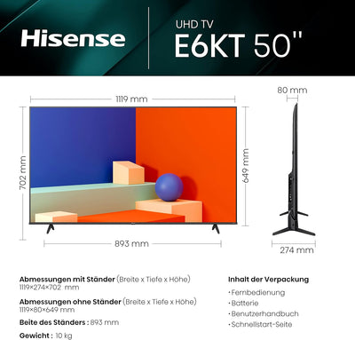 Hisense 50E6KT 127cm (50 Zoll) Fernseher, 4K UHD, LED, Smart TV, HDR, Dolby Vision, Triple Tuner DVB