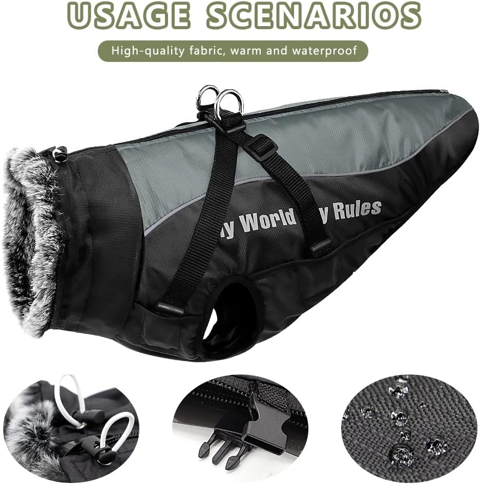 Hundejacke mit Geschirr,Gefütterte Hunde Winterjacke mit Leine wasserdichte Hunde-Winterjacke Wasser