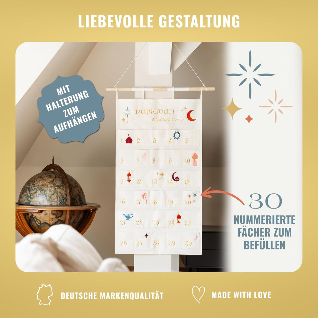 AMARI ® Ramadan Wandkalender aus Stoff mit Befestigungsstange - Ramadankalender zum Befüllen - Ramad