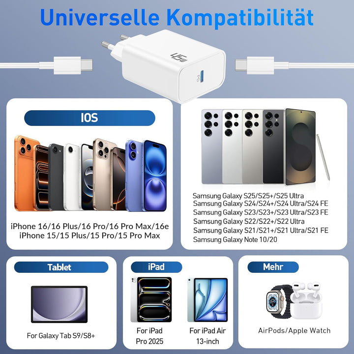 45W Ladegerät USB C Schnelladegerät für iPhone 17 Pro Max Air Ladekabel, iPhone 16 16e 15, iPad 11 1