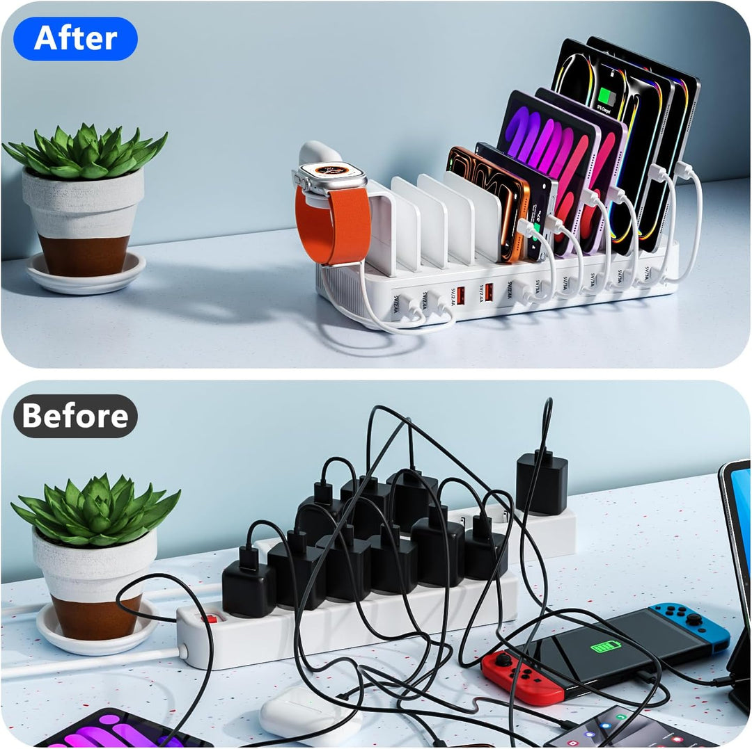 Ladestation Mehrere Geräte, USB C ladestation 100W, 10 Ports USB-Schnellladegerät Mit Uhrenhalterung