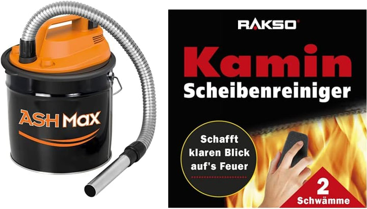 RIBIMEX PRCEN015, ASHMax Aschesauger, 1000 W, 18 L, Orange und Schwarz & RAKSO Glas-Reiniger für Kam