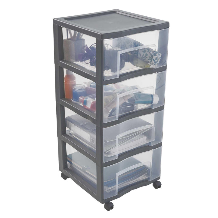 SUNDIS Tag Tower XL, schubladenbox aus Kunststoff mit Rädern, grau, 4 transparente Schubladen, Höhe