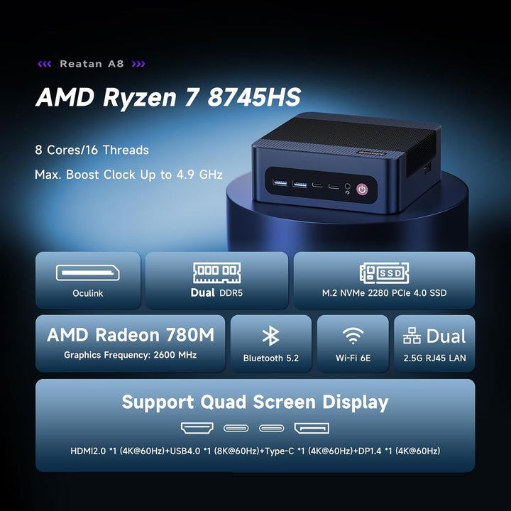 Reatan Mini Gaming PC AMD Ryzen 7 8745HS A8 8C/16T (bis zu 4,9 GHz) 32G DDR5 RAM 1TB PCIe4.0 SSD Sup