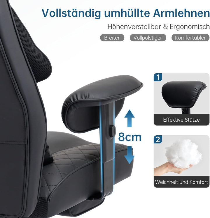 Ergonomischer Bürostuhl 200kg, Chefsessel mit Fussstütze, Schreibtischstuhl mit Lendenkissen, Bequem