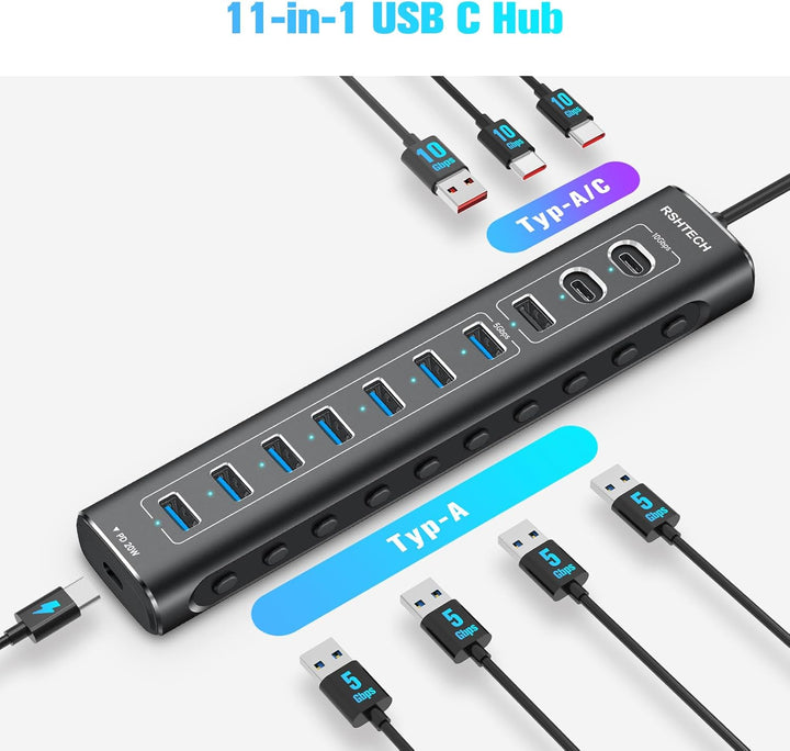 USB C 3.2 Hub Aktiv mit Netzteil (60W 12/5A), RSHTECH 11-Port USB C 3.1 Gen2 Hub mit 20W PD, 3 * 10G