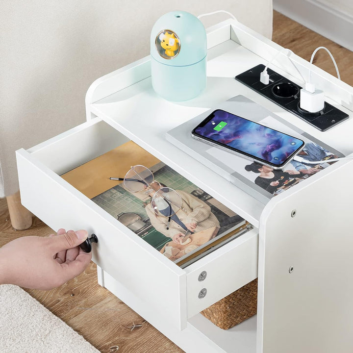 HOOBRO Nachttisch mit Ladestation, Beistelltisch mit Schublade und offenen Fächern, USB-Anschlüsse u
