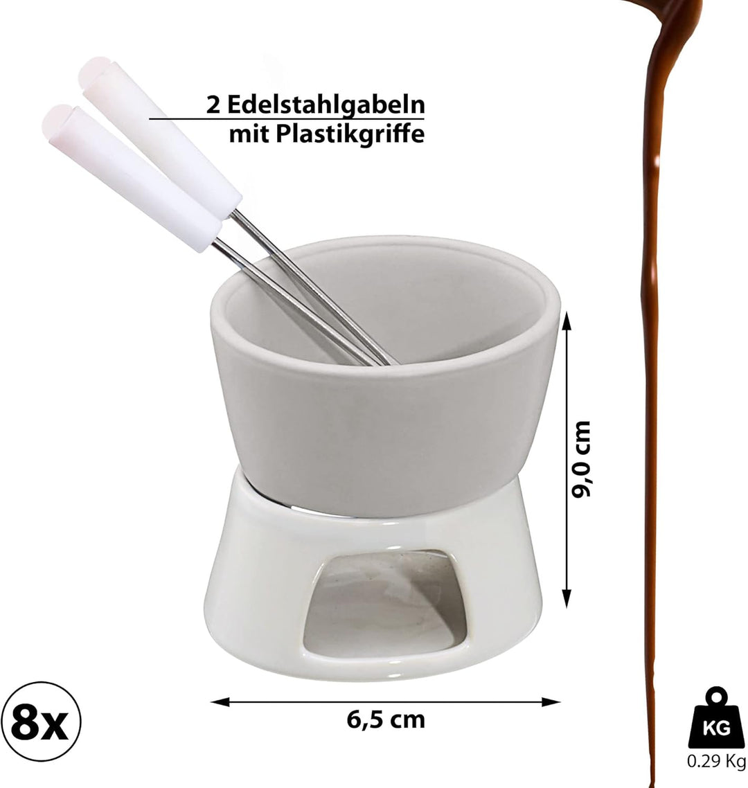 Cepewa Keramik Schokofondue Set Fondue-Set Schokolandenfondue weiss inkl. 2 Edelstahlgabeln (8 x Sch