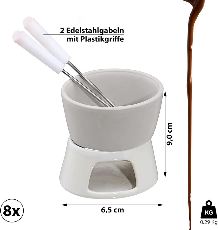 Cepewa Keramik Schokofondue Set Fondue-Set Schokolandenfondue weiss inkl. 2 Edelstahlgabeln (8 x Sch