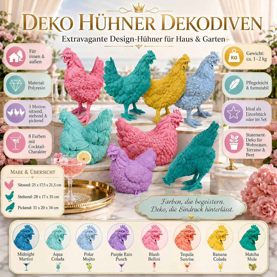 colourliving Deko Hühner DekoDiven einzigartige Huhn Deko für Haus &amp; Garten (Tequila Sunrise, sitzen