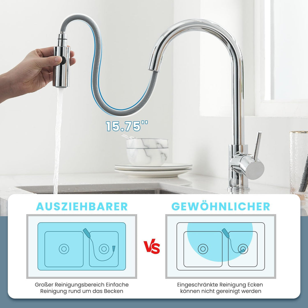 Niederdruck Armatur Küche Ausziehbar,360° Drehbare Küchenarmatur,Wasserhahn mit 3 Anschluessen für B