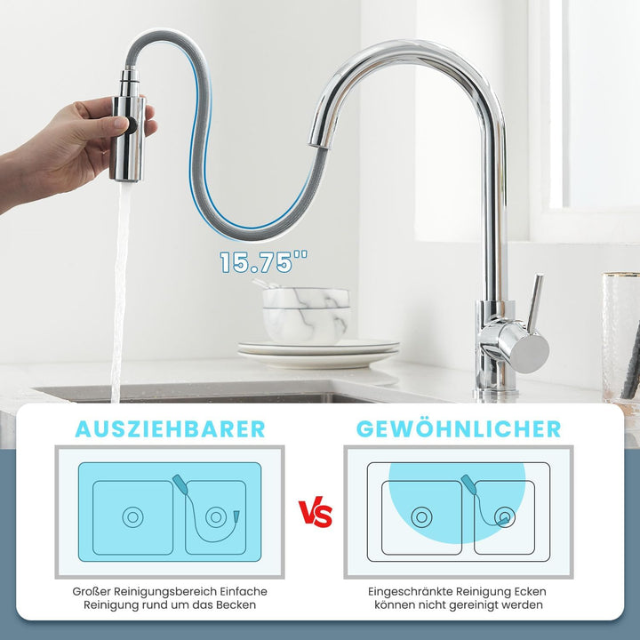 Wasserhahn Niederdruck Ausziehbar,Chrome Edelstahl,Wasserhahn mit 3 Anschluessen für Boiler,360° Dre