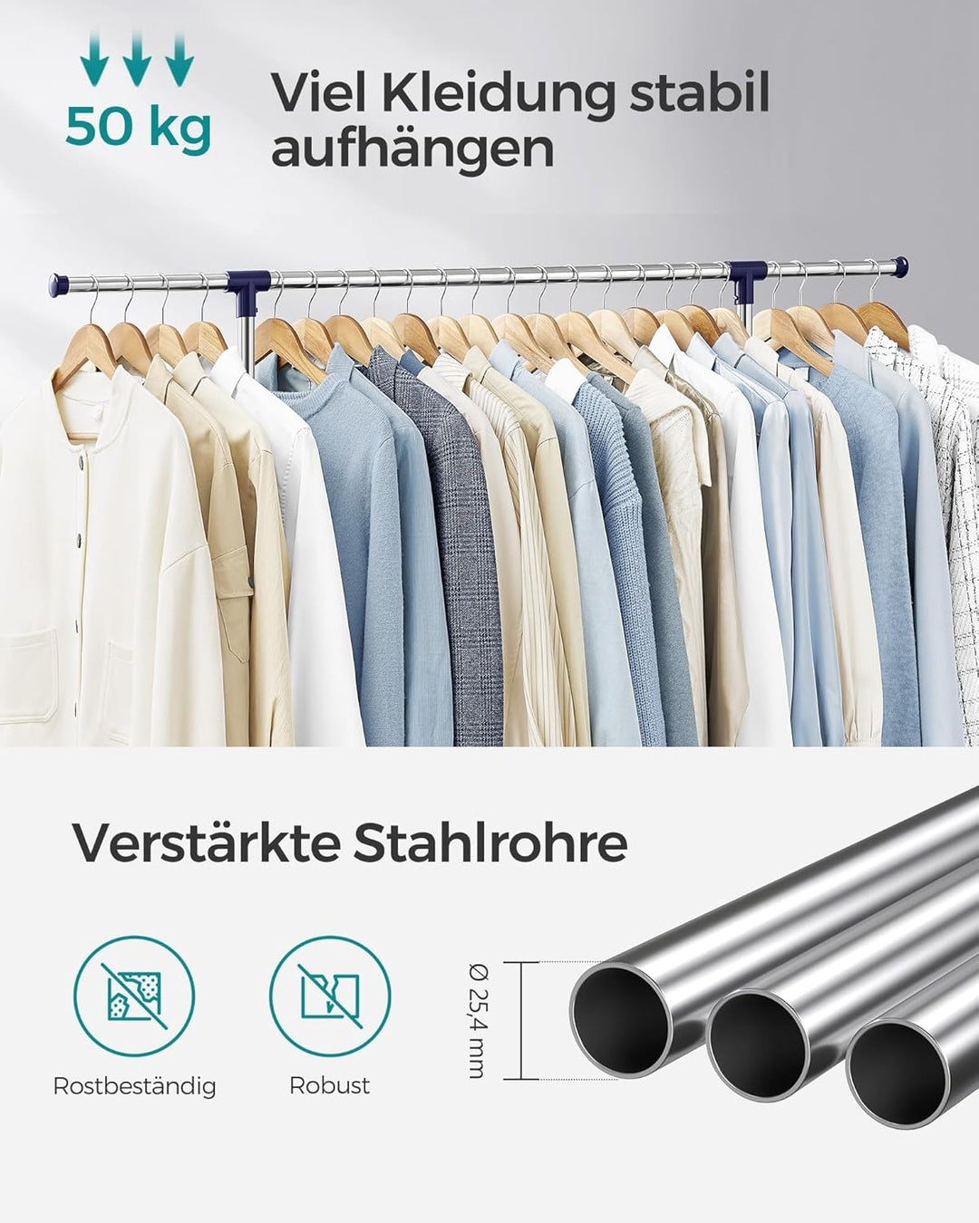 SONGMICS Kleiderständer, Garderobenständer, verstellbare Kleiderstange, mit Rollen, aus mit Edelstah