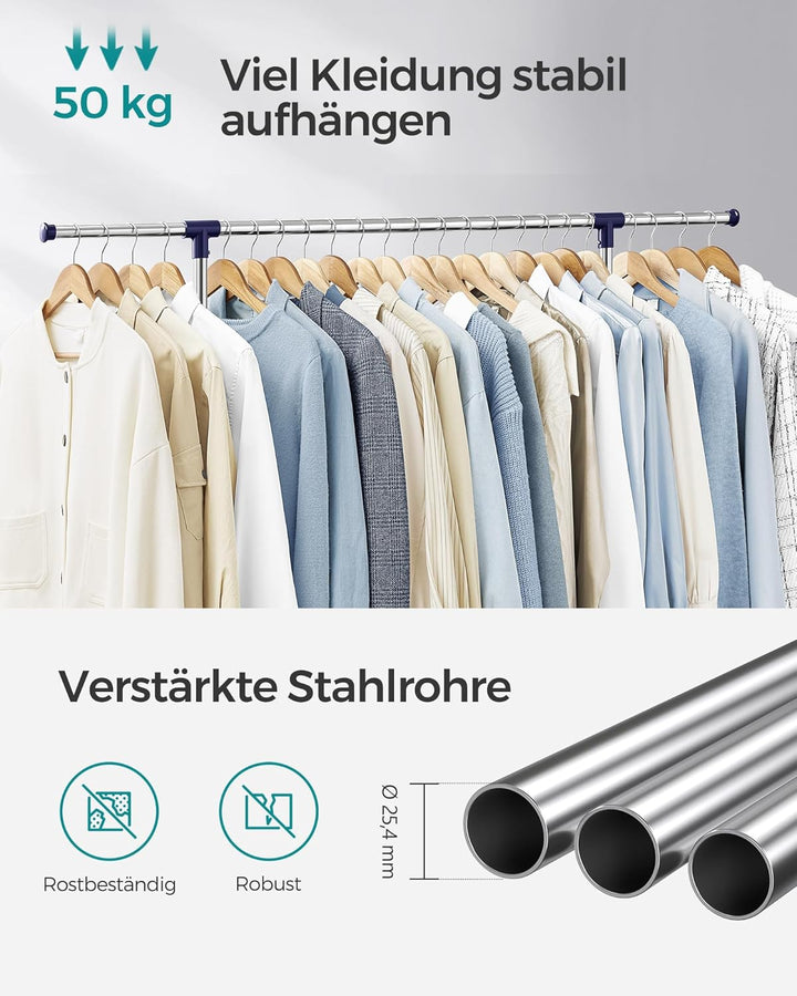 SONGMICS Kleiderständer, Garderobenständer, verstellbare Kleiderstange, mit Rollen, aus mit Edelstah