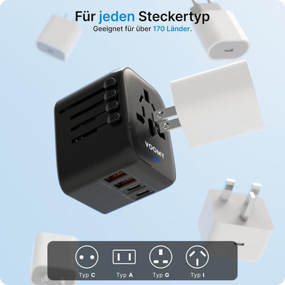 Voomy Reiseadapter Weltweit, Reisestecker mit 2 USB, 2 USB C und 1AC Steckdose, Internationaler Stec