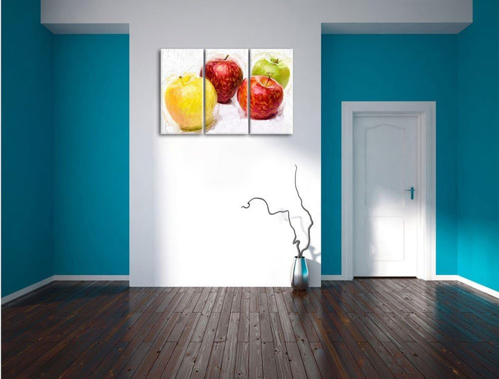 Pixxprint Äpfel / 3-Teilig/Gesamtmass 120cm Leinwandbild bespannt auf Holzrahmen/Wandbild Kunstdruck