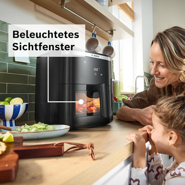Bosch Heissluftfritteuse Serie 6, XXL 7,2 L Fassungsvermögen, 7 voreingestellte Programme, beleuchte