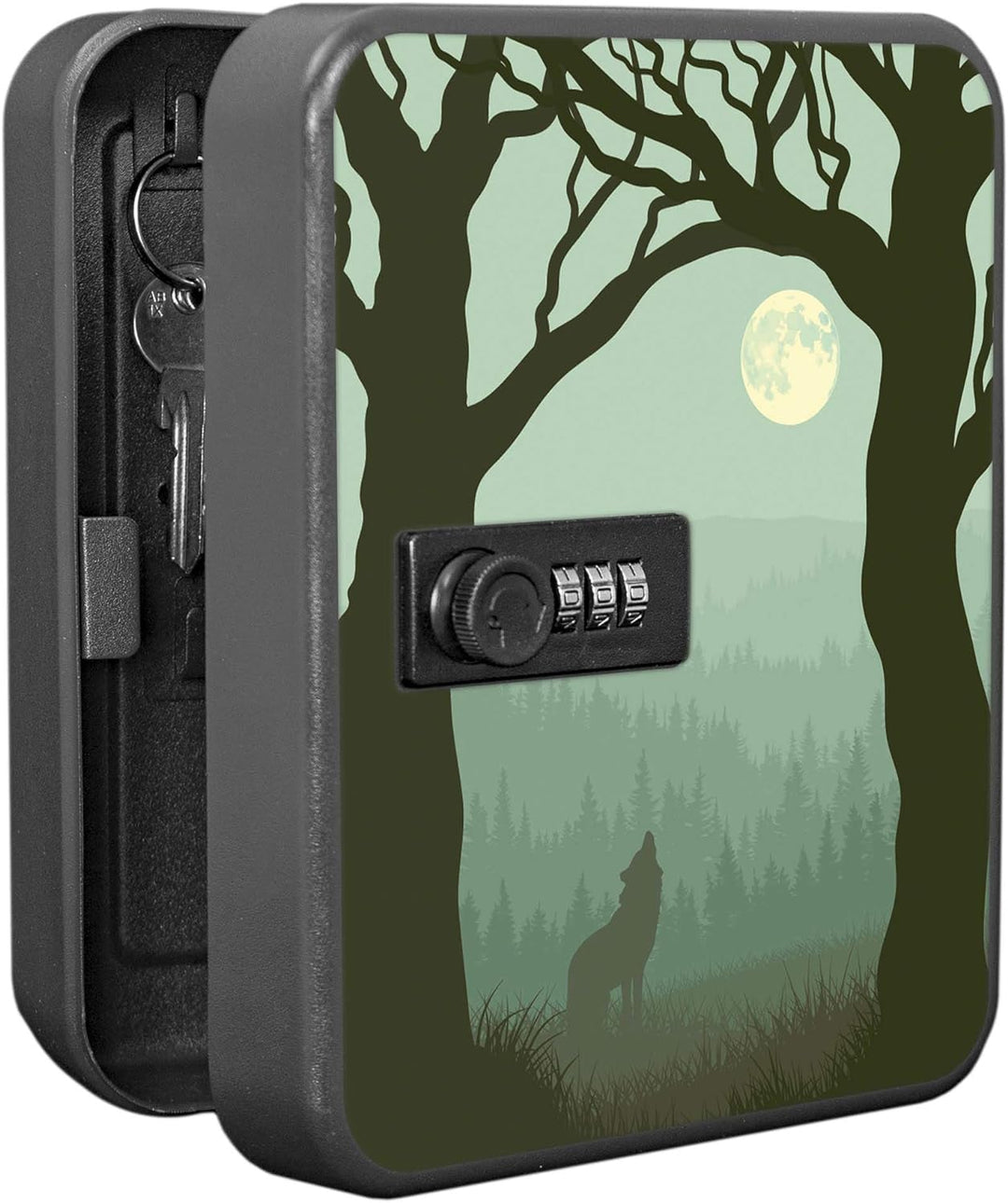 banjado® Burg-Wächter® abschliessbarer Schlüsselkasten mit Motiv Heulender Wolf für 20 Schlüssel - S