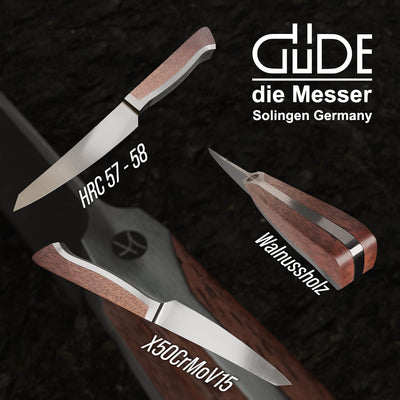 GÜDE Solingen - Steakmesser Gezahnt geschmiedet, 14 cm, Walnussholz, CAMINADA, Handmade Germany ohne