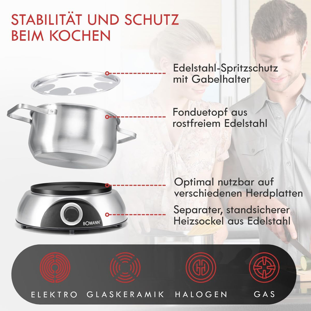 Bomann FD 2248 CB elektrischer Fonduetopf, Topf mit abnehmbaren Spritzschutz, Fondue-Set für 8 Perso