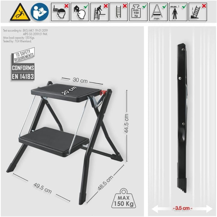 MSV Tritthocker mit 2 Stufen, klappbar & rutschfest, leicht, Stahl, max. 150 kg, Mattes Schwarz, Noi