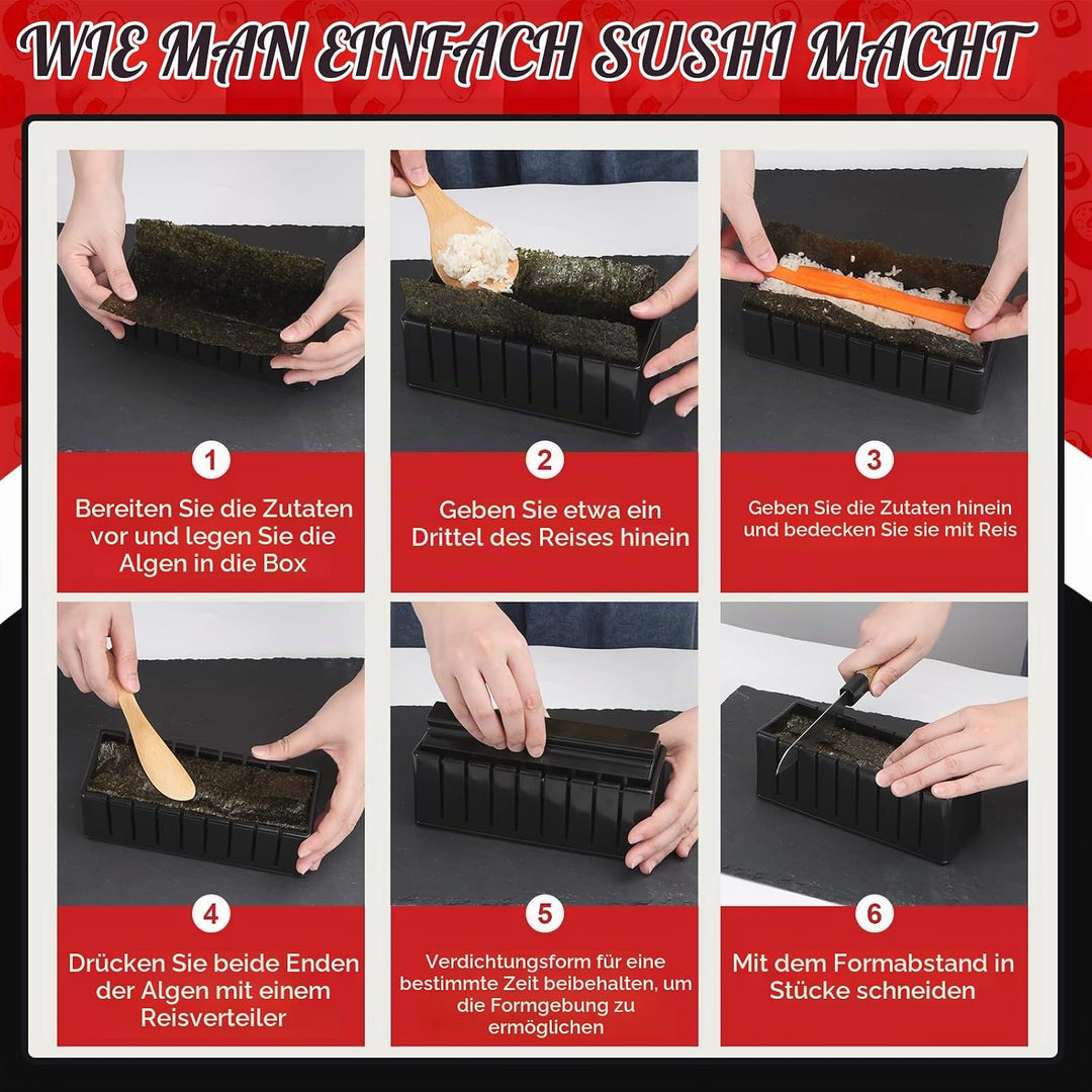 Sushi Maker Set, 14-tlg. Sushi-Kit für Anfänger mit Rolle, Schneideform, Messer, Matten und Stäbchen