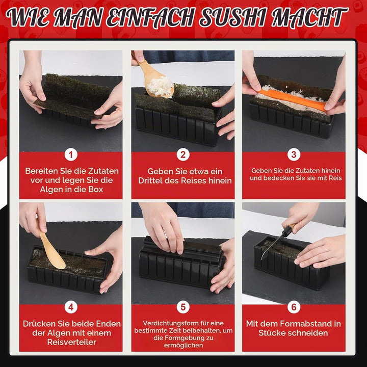 Sushi Maker Set, 14-tlg. Sushi-Kit für Anfänger mit Rolle, Schneideform, Messer, Matten und Stäbchen