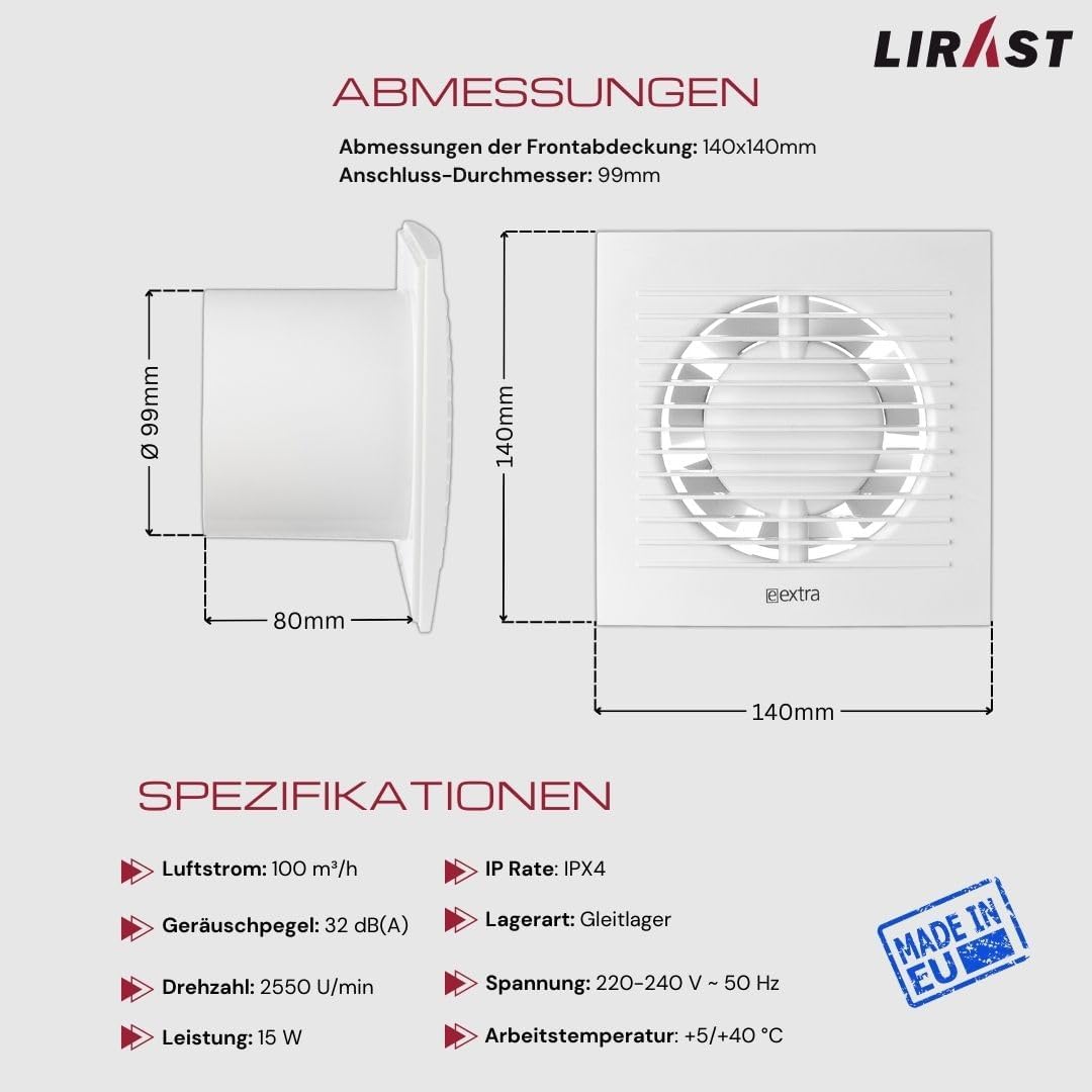 Ø 100mm Weiss Badlüfter - Lüfter für Effiziente Belüftung im Bad Kuche WC, Ø 100mm Weiß