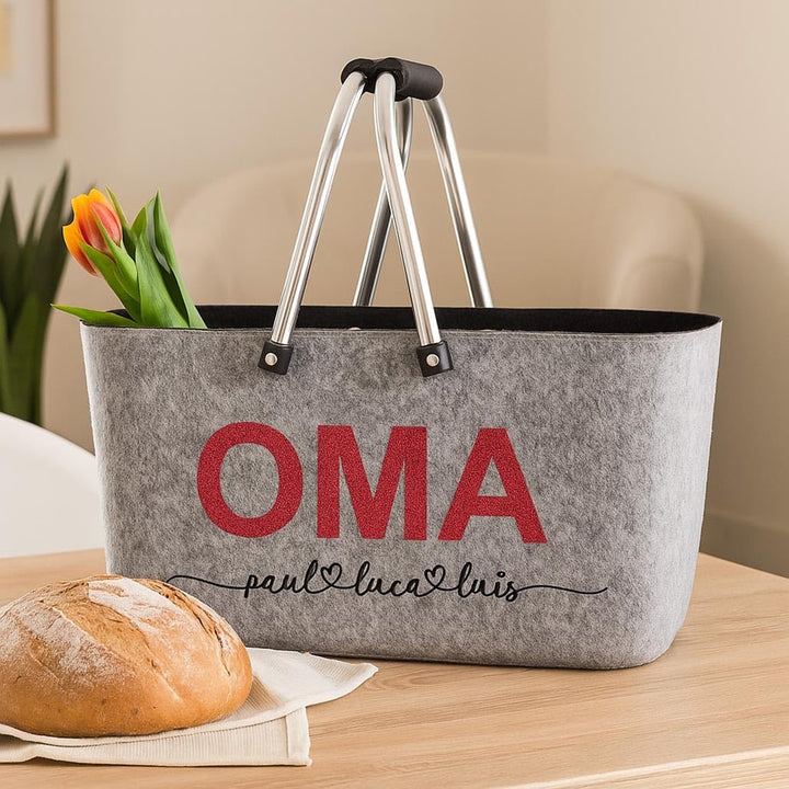 Kobolo personalisierbarer Filzkorb | 42x30x22 cm | grau-schwarz | moderner Einkaufskorb mit stabilen