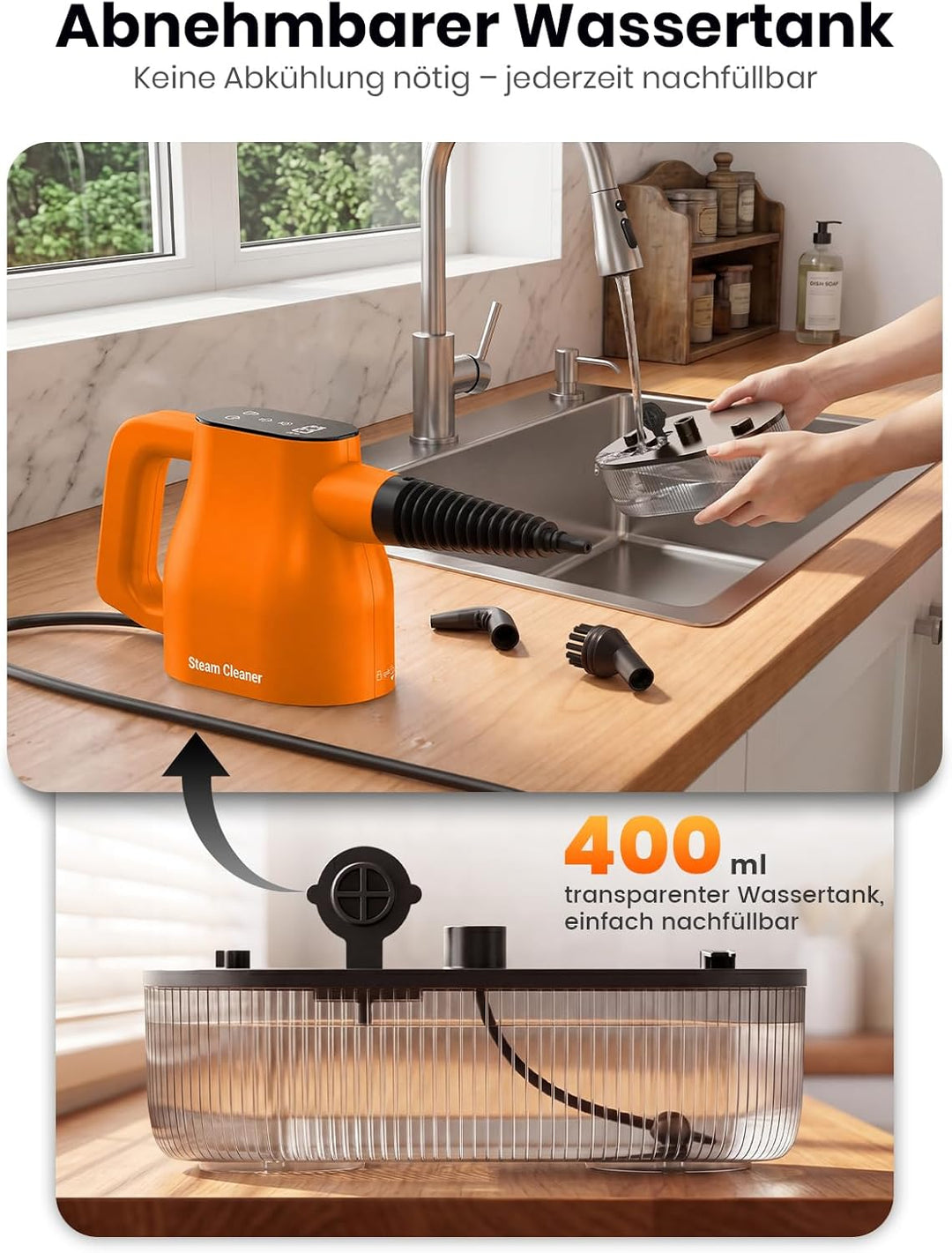 Handdampfreiniger mit Smart-Touchscreen, 10 Sek. Aufheizzeit, 400 ml Wassertank, 4 m Netzkabel, 2 Da