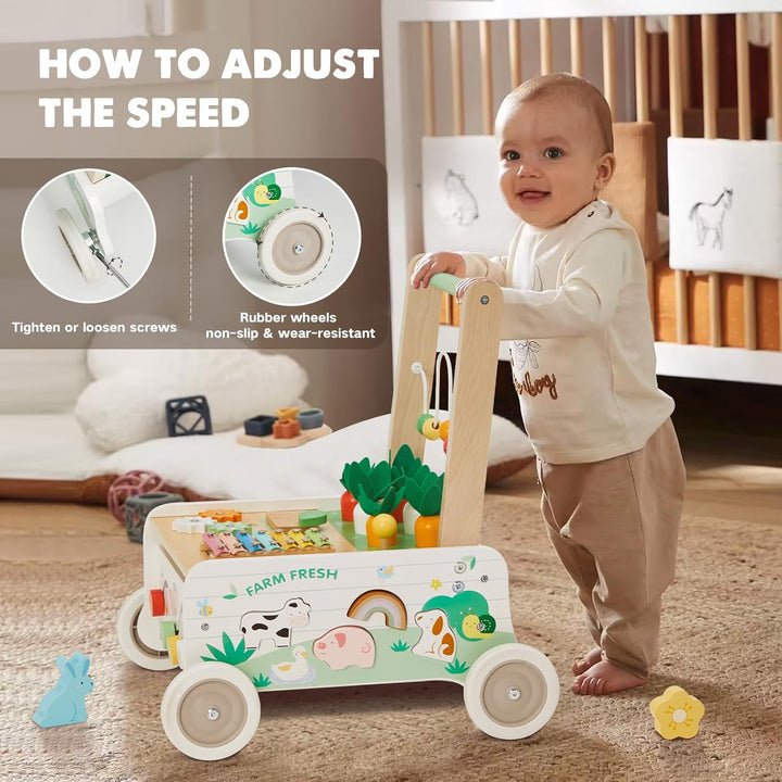 Labebe Lauflernwagen Holz,Baby Lauflernhilfe mit gummierten Holzrädern und Activity Center, Gehfrei