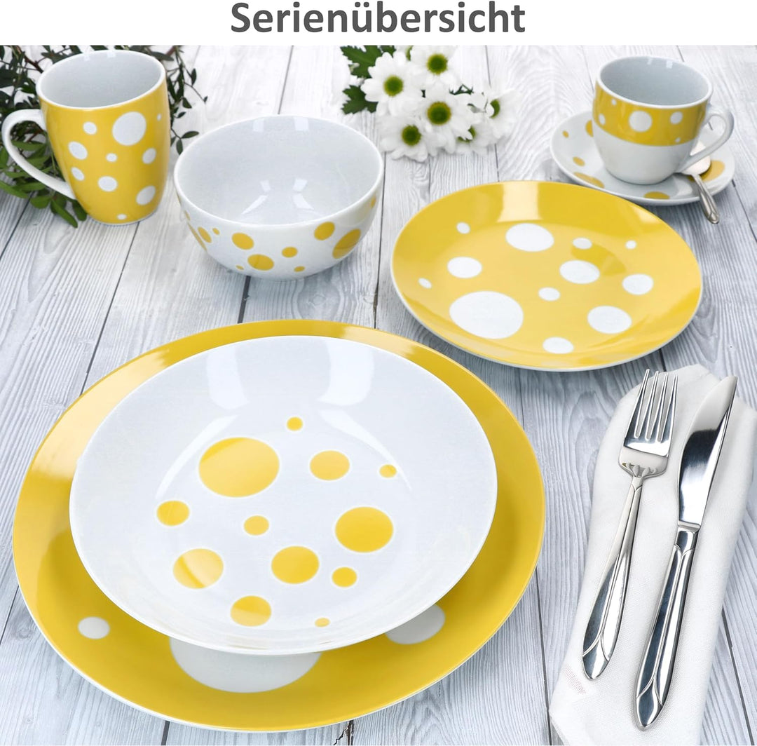 MamboCat Pula gelb 6er Set Suppenteller I 450ml I weisses Porzellan-Geschirr mit Punkten für 6 Perso