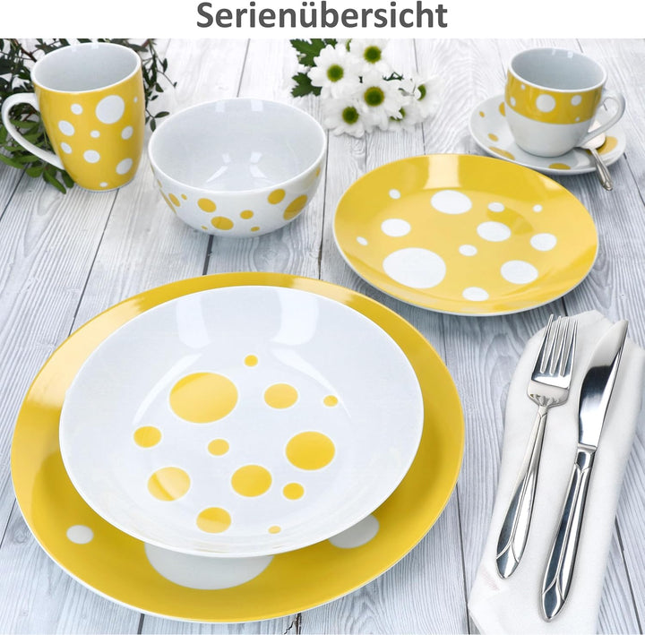 MamboCat Pula gelb 6er Set Suppenteller I 450ml I weisses Porzellan-Geschirr mit Punkten für 6 Perso